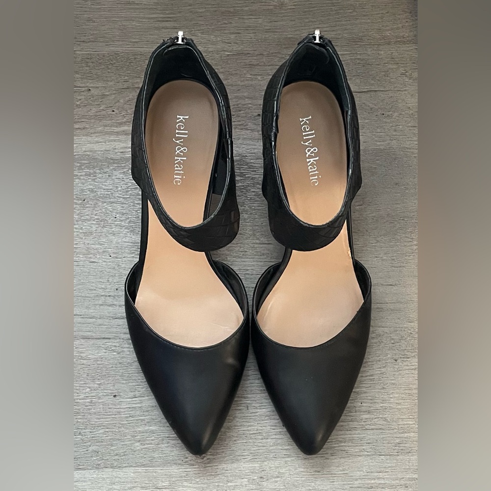 Black Pointed Toe Heels Size 10 Woven Ankle Strap Stiletto Pumps